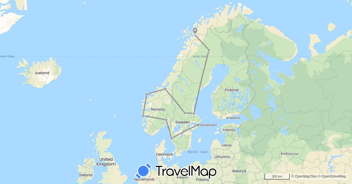 TravelMap itinerary: driving, plane in Norway, Sweden (Europe)